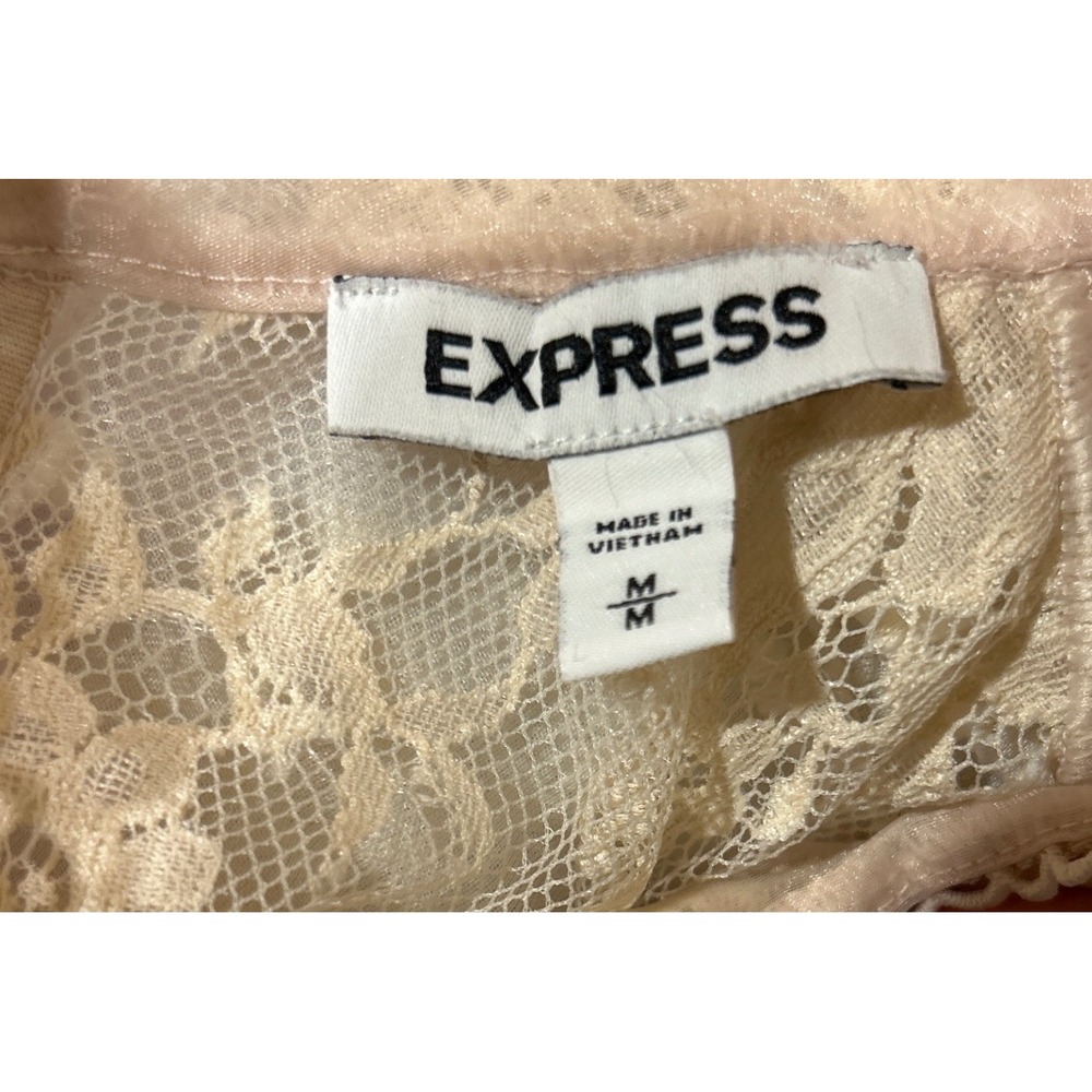 Victorian Beige Floral Lace Ruffle Mock Neck Long Sleeve Blouse Medium Tank - Picture 7 of 8
